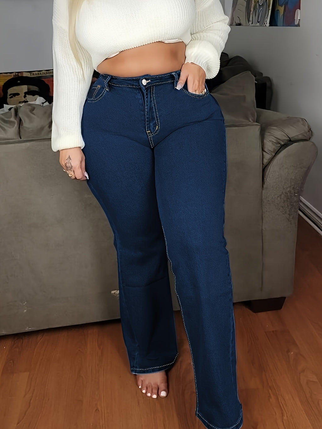 Calças Casuais de Perna Reta Lavadas e Elásticas Plus Size para Mulheres