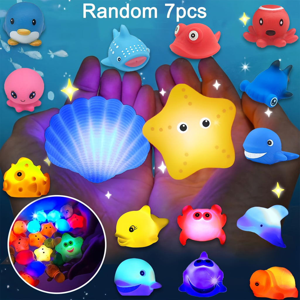 Conjunto de Brinquedos de Banho Flutuantes e Luminosos de 1/3/5/7/10 unidades | Brinquedos Educativos Coloridos Aleatórios para Crianças, Presente Perfeito de Aniversário, Natal, Páscoa, Material de PVC, Bateria de Botão Não Recarregável, Diversão na Banheira e na Duche