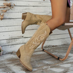 Botas De Cowboy De Salto Grosso Feminino, Botas De Cano Alto Na Moda, Botas Confortáveis ​​com Zíper Lateral