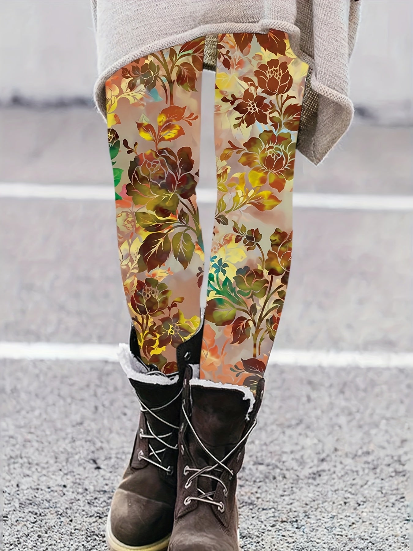 Leggings de Mulher com Estampado Floral - Elásticas, Cintura Elástica, Estilo Vintage, Conforto para Todas as Estações, Casual & Elegantes para Roupa Casual, Roupa Confortável | Leggings Estilo Vintage | Tecido Elástico