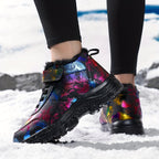 Botas de neve de inverno de pelúcia para mulheres - Salto médio acolchoado e grosso, bico redondo e fecho, padrão floral vibrante, forro de lã quente, perfeitas para ocasiões casuais e formais, botas de neve para mulheres, calçado formal, calçado com padrão decorativo, sola de EVA durável