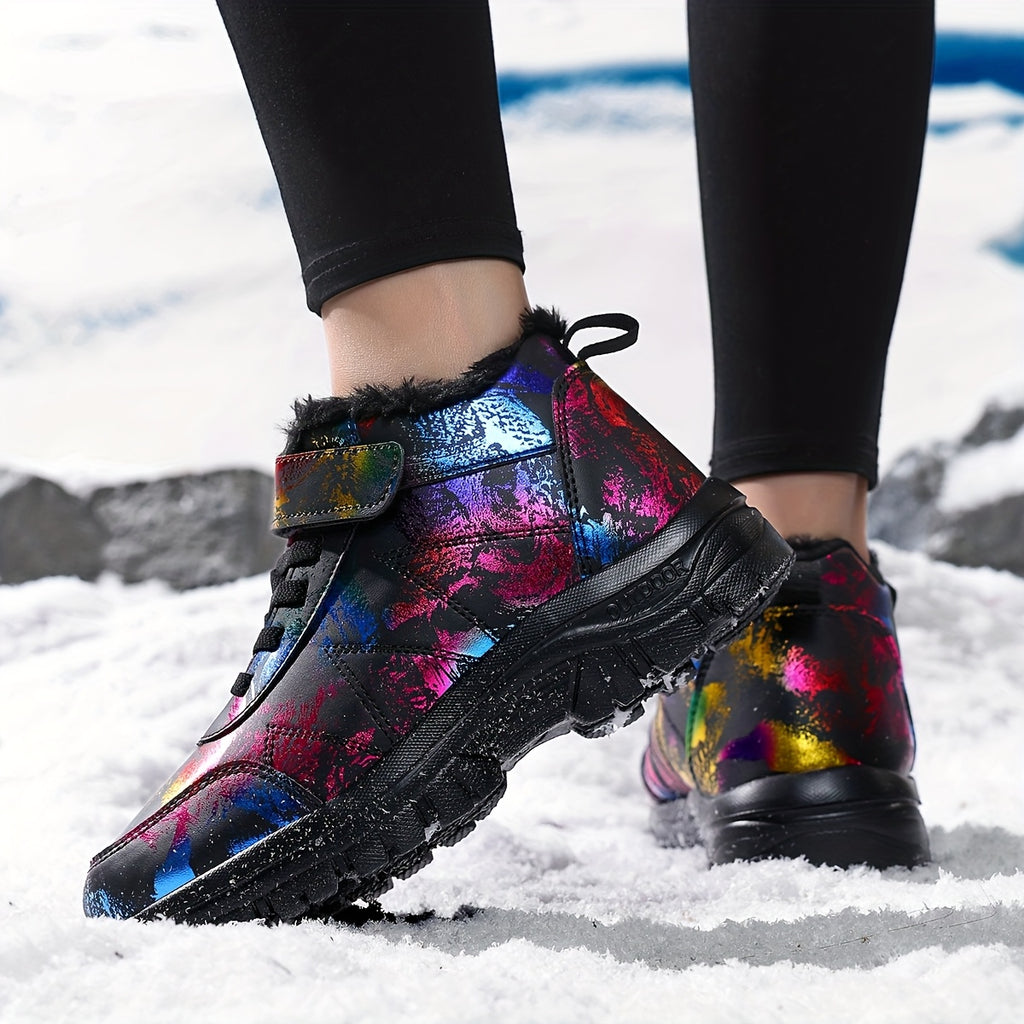 Botas de neve de inverno de pelúcia para mulheres - Salto médio acolchoado e grosso, bico redondo e fecho, padrão floral vibrante, forro de lã quente, perfeitas para ocasiões casuais e formais, botas de neve para mulheres, calçado formal, calçado com padrão decorativo, sola de EVA durável