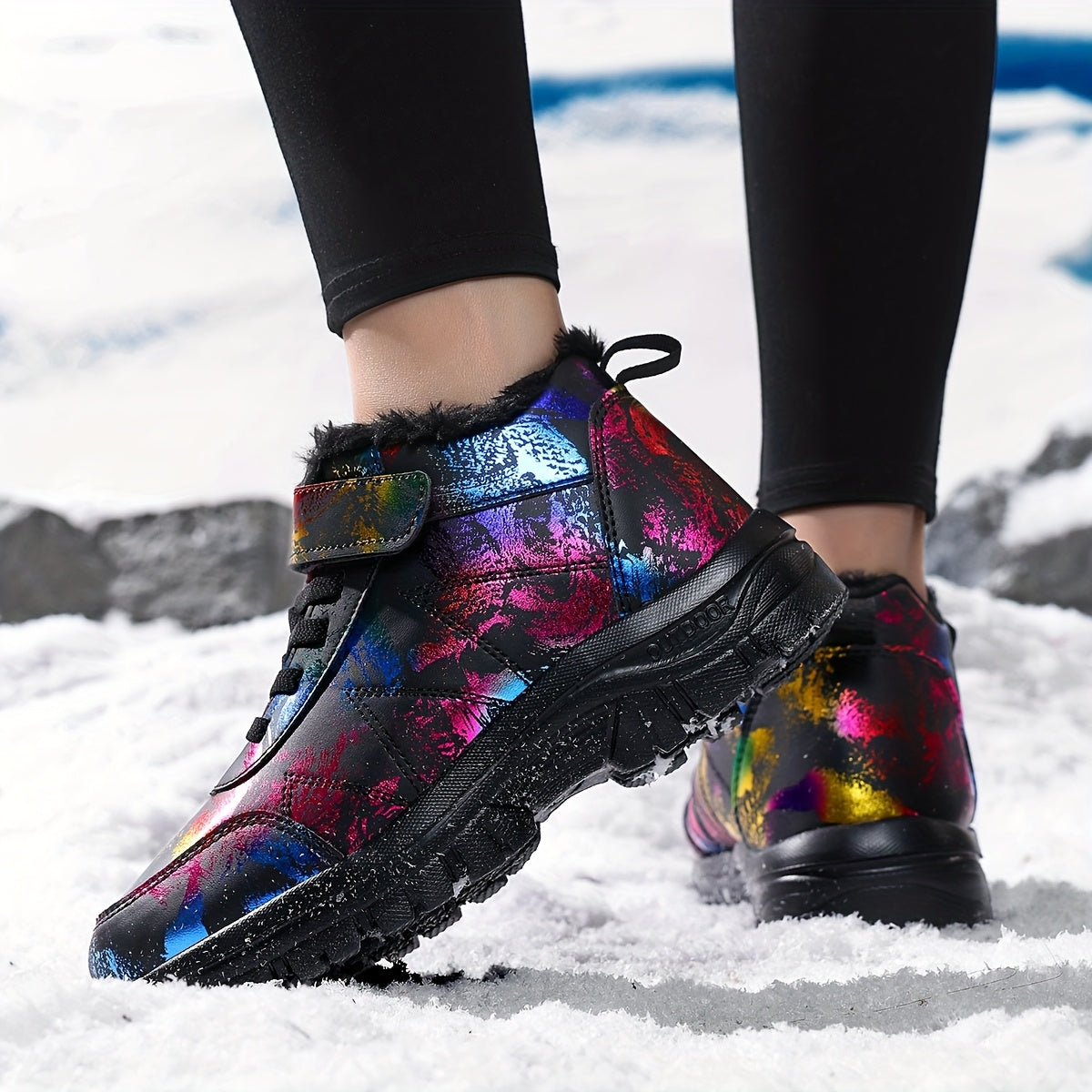 Botas de neve de inverno de pelúcia para mulheres - Salto médio acolchoado e grosso, bico redondo e fecho, padrão floral vibrante, forro de lã quente, perfeitas para ocasiões casuais e formais, botas de neve para mulheres, calçado formal, calçado com padrão decorativo, sola de EVA durável