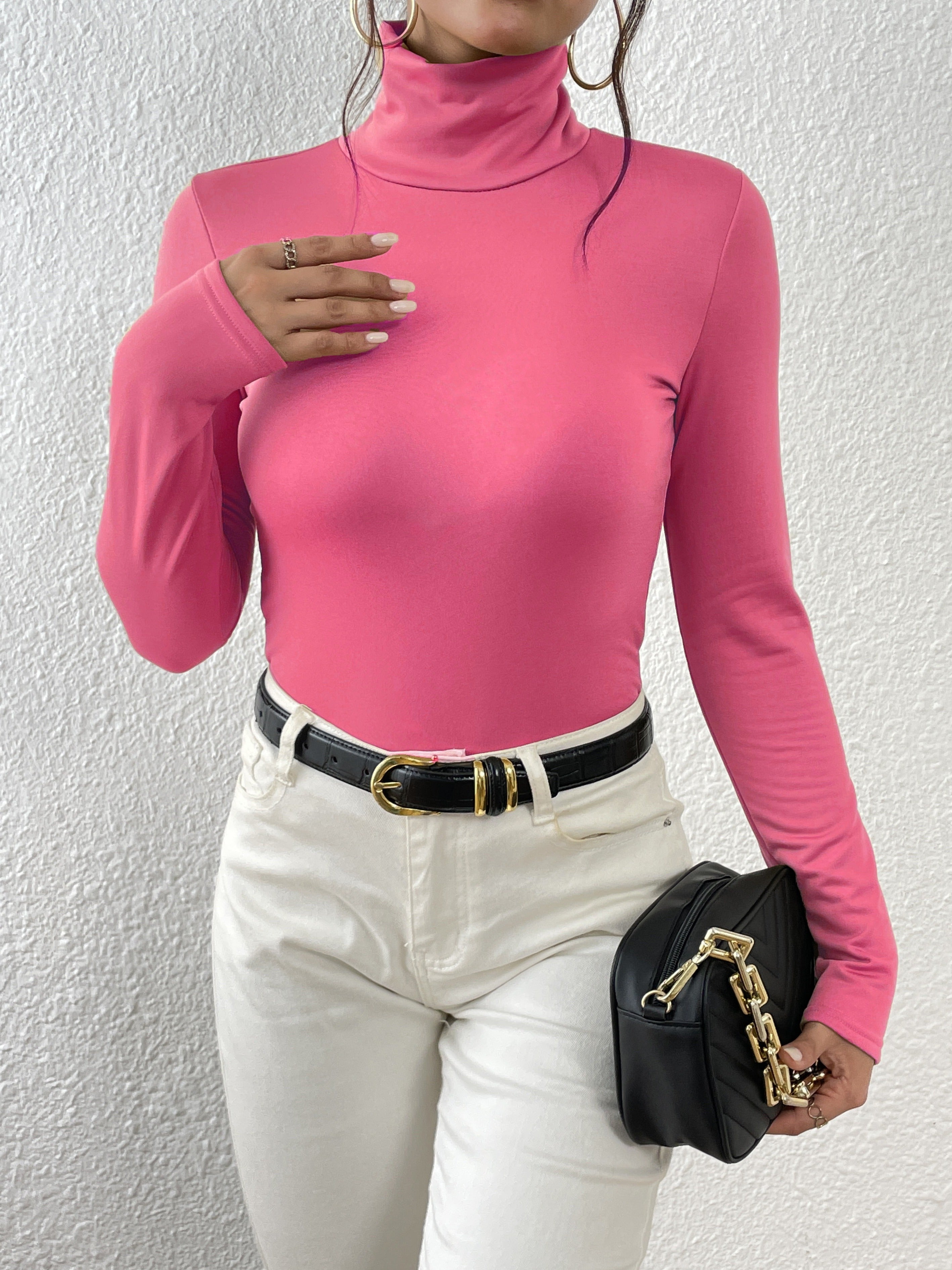 Top de corte alto de manga comprida para mulher - Mistura de poliéster preto elástico, corte casual chic com detalhe de botão, perfeito para outono/inverno, top casual chic|Estilo minimalista|Mistura de poliéster