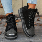 Botas de Inverno com Plataforma Grossa, Decoradas com Strass e Cadarço para Mulheres - Botins Cano Curto em Fleece, Sola Espessa de Borracha Redonda na Ponta, Brilhantes Bota de Neve para Natal, Ano Novo & Clima Frio (Preta) - Estilo Moda Coreana