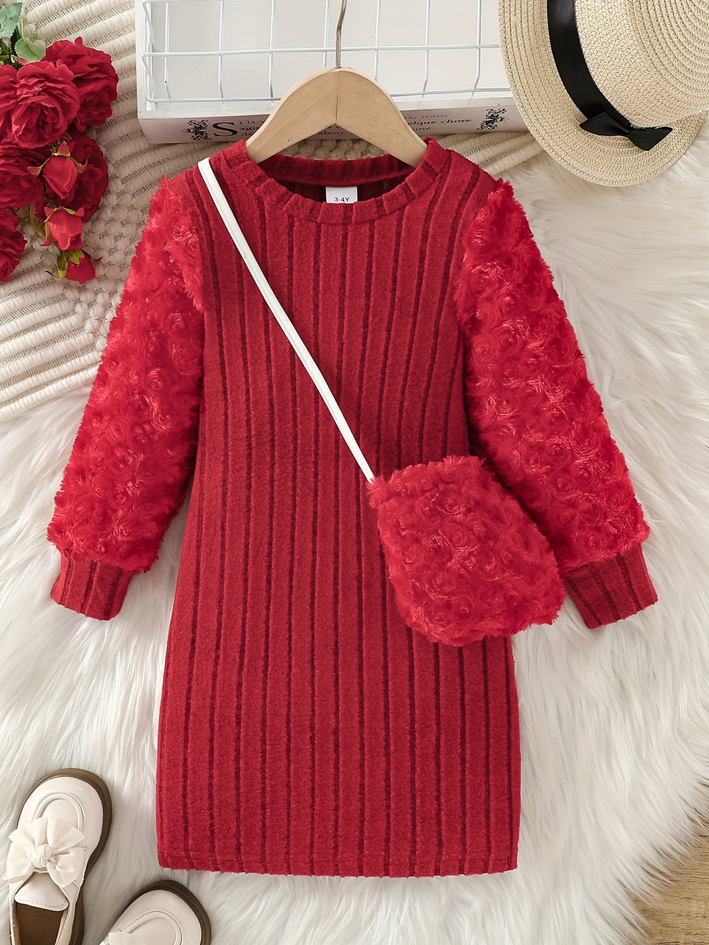 Vestido para meninas e bolsa de cor sólida. A blusa de gola redonda e manga longa é feita de tecido canelado aveludado, com mangas estampadas em padrão de botões de rosa em material fofo como rosas peludas—ideal para uso casual ao ar livre na primavera ou outono