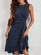 Vestido Elegante Feminino Sem Mangas com Estampado de Corações - Azul Marinho com Bolinhas, Bainha Évasée e Cintura com Folhos, Lavável na Máquina, Roupa Versátil para Todas as Estações, Casuais ou Formais, Vestidos Bonitos