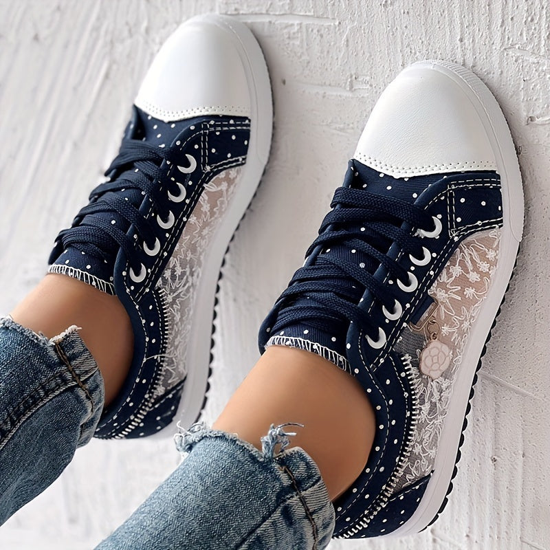 Tênis Casual Feminino com Malha Floral e Cobertura - Sapatos de Primavera Respiráveis de Cano Baixo com Cadarço e Bico Redondo, Calçado Confortável e Durável para Looks Casuais, Tênis Femininos, Calçado Estiloso ChicMe
