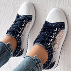Tênis Casual Feminino com Malha Floral e Cobertura - Sapatos de Primavera Respiráveis de Cano Baixo com Cadarço e Bico Redondo, Calçado Confortável e Durável para Looks Casuais, Tênis Femininos, Calçado Estiloso ChicMe