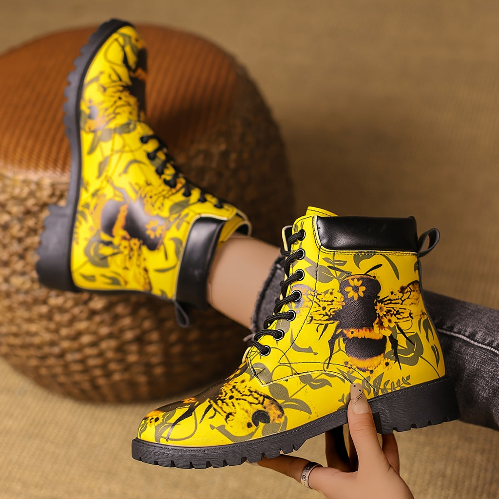 Botas curtas com estampado de abelha na moda para mulheres, botas de tornozelo com atacadores na moda, botas confortáveis para mulheres