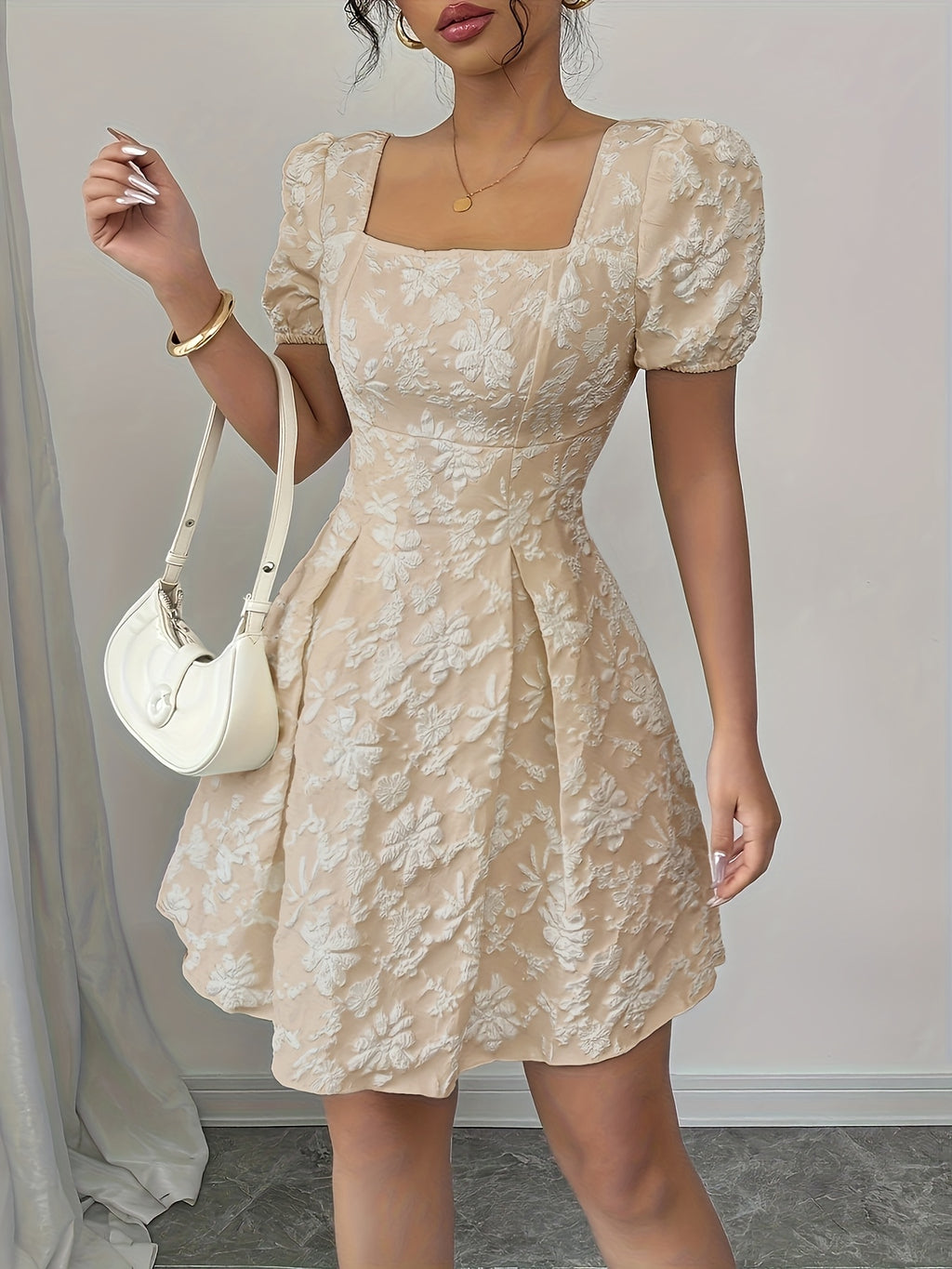 Vestido elegante feminino em A com padrão floral - Festa formal e casual, Casamento, Roupa do dia a dia - Corte elogiador para eventos de outono/inverno - Roupa feminina chique para todas as estações, Moda de inverno, Mangas balão, Costura de qualidade, Roupa elegante, Amantes da moda