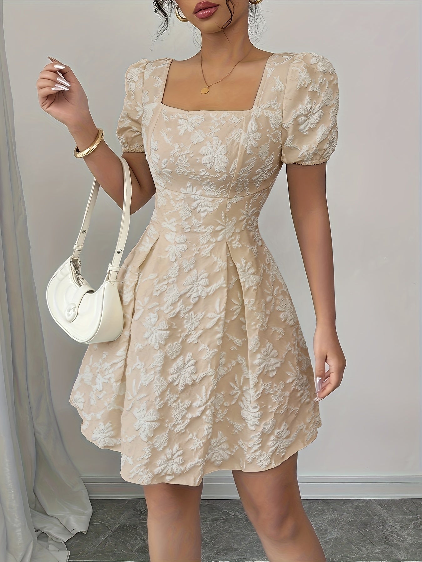 Vestido elegante feminino em A com padrão floral - Festa formal e casual, Casamento, Roupa do dia a dia - Corte elogiador para eventos de outono/inverno - Roupa feminina chique para todas as estações, Moda de inverno, Mangas balão, Costura de qualidade, Roupa elegante, Amantes da moda