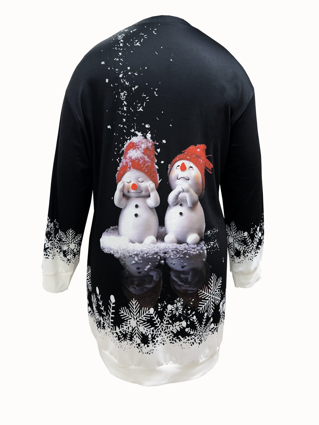 Camisola elegante com estampado de boneco de neve para mulheres - Tecido de malha de poliéster, decote redondo, para todas as estações, elasticidade, estilo de pulôver, design festivo de Natal