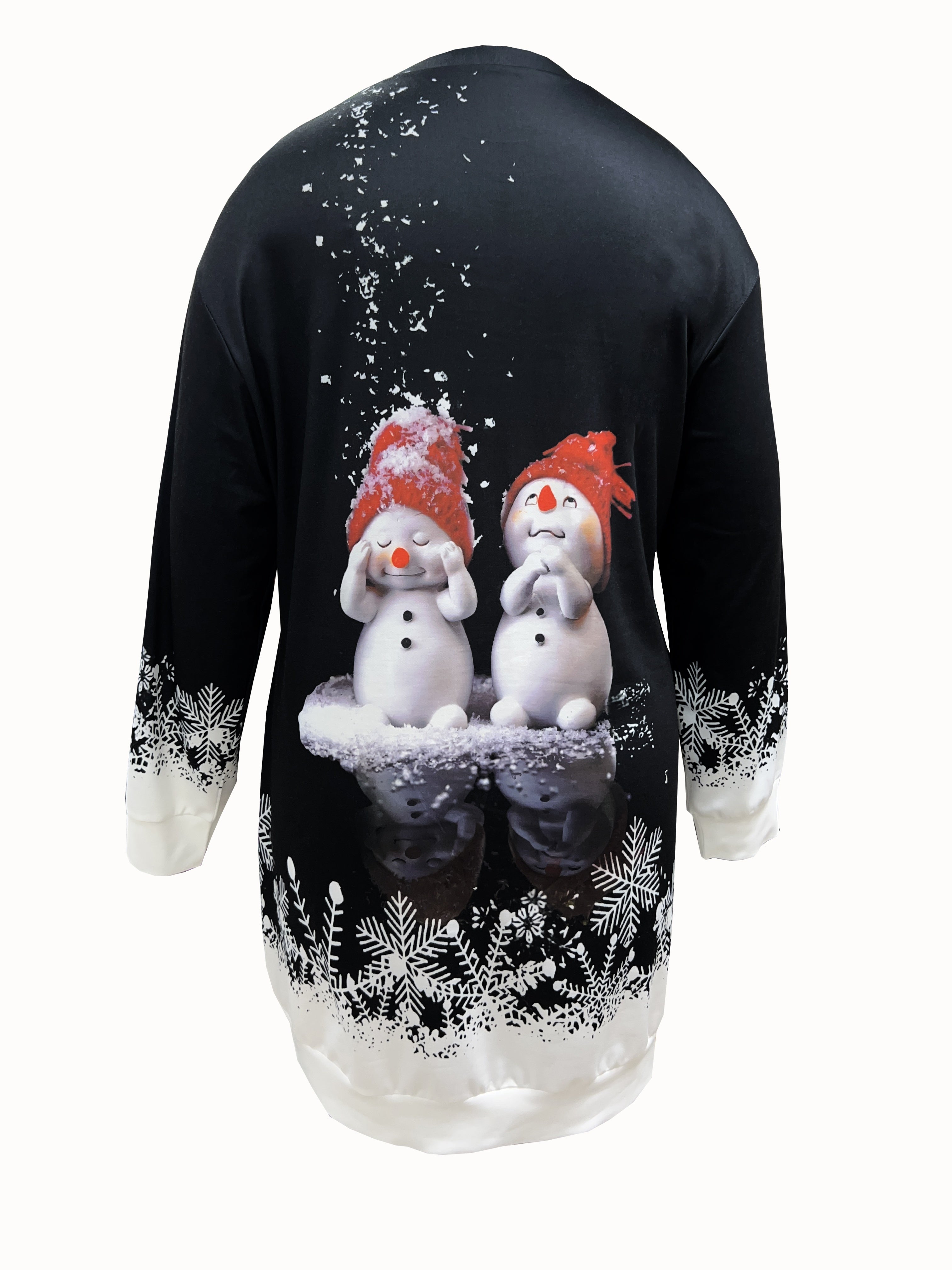 Camisola elegante com estampado de boneco de neve para mulheres - Tecido de malha de poliéster, decote redondo, para todas as estações, elasticidade, estilo de pulôver, design festivo de Natal