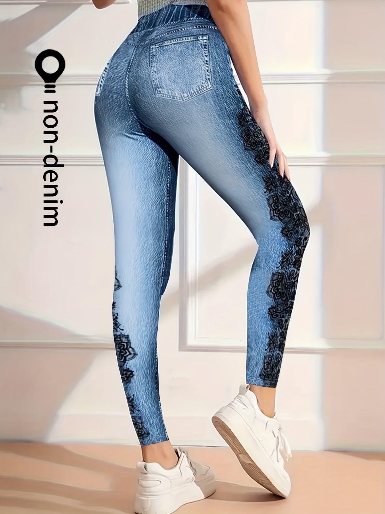 【imitação denim】Estas são leggings com forro polar, estilo denim falso, para o outono e inverno, concebidas para um visual moderno e casual. São modernas para mulheres, adequadas para deslocações diárias e looks versáteis. As leggings apresentam um design estampado.