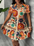Vestido Minimalista Casual Feminino, Estampa Tropical de Férias de Verão, Manga Bufante, Corte A, Estilo Bohemian, Vestido de Verão para Brunch e Primavera, Vestido de Verão Feminino, Roupa de Férias,Moda de Primavera,Vestido Aline,Tecido Leve,Impressão Digital,Vestido Casual,Moda Feminina,Roupas de