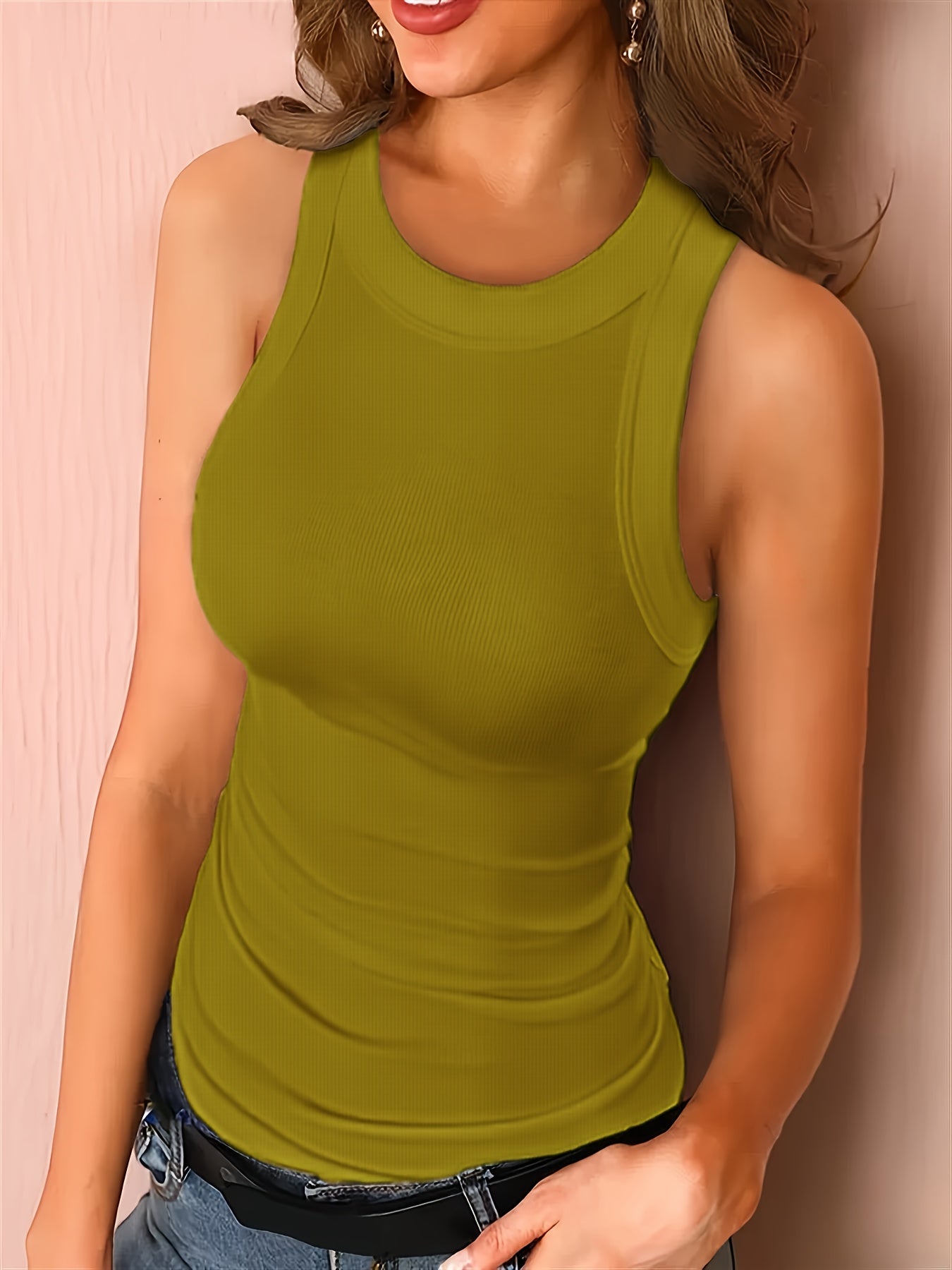 Top de tanque sem mangas para mulheres, com corte slim e decote redondo colorido, versátil e com alças largas, ideal para a primavera, verão, outono e inverno.