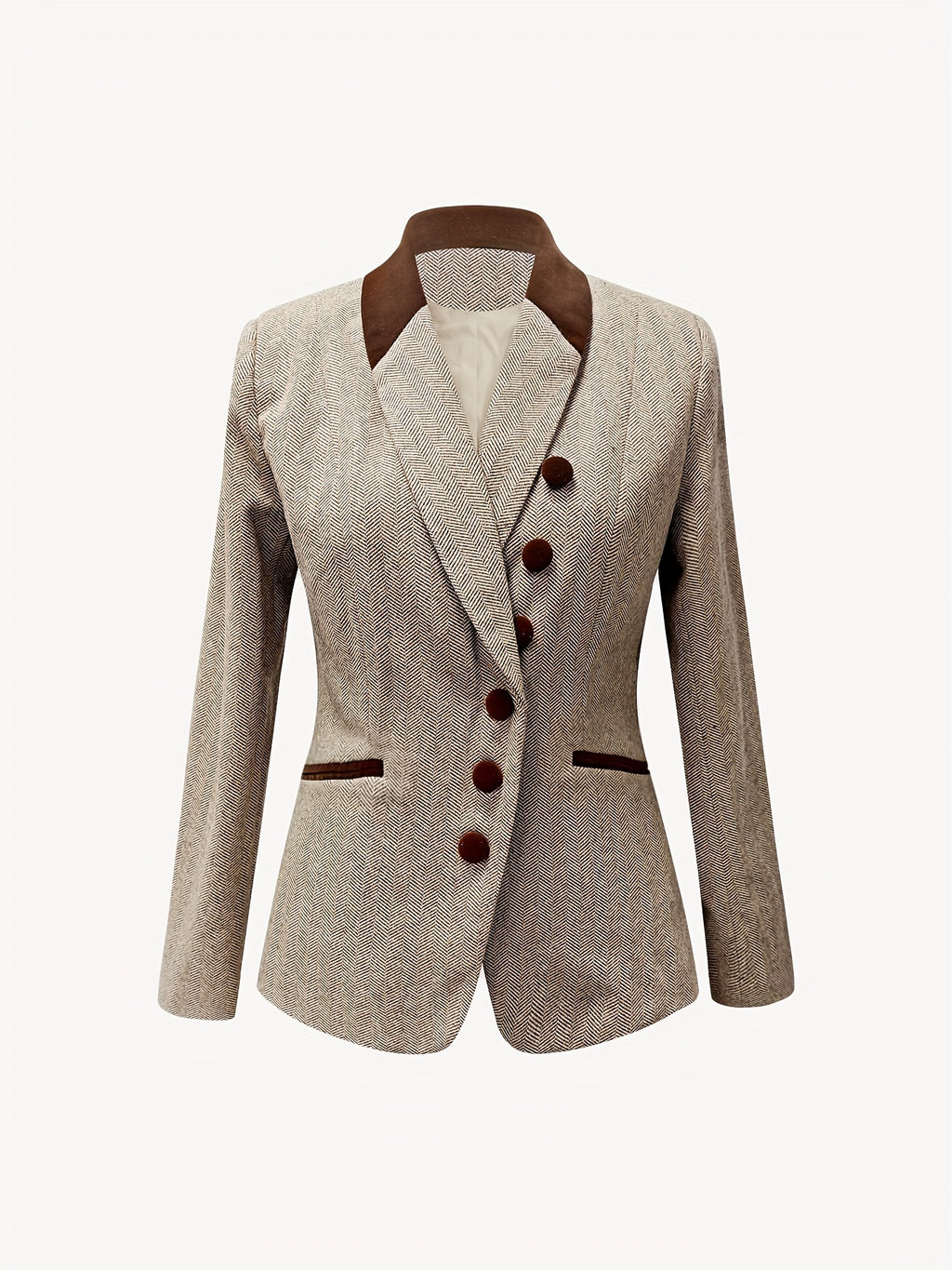 Jaqueta Blazer Elegante com Lapela em Formato H - Clássico de Um Botão, Gola Lapealada e Listras Marrom/Bege, Detalhes Brancos & Butões Dourados - Lavável à Máquina para Inverno, Escritório Formal (Sem Cinto)