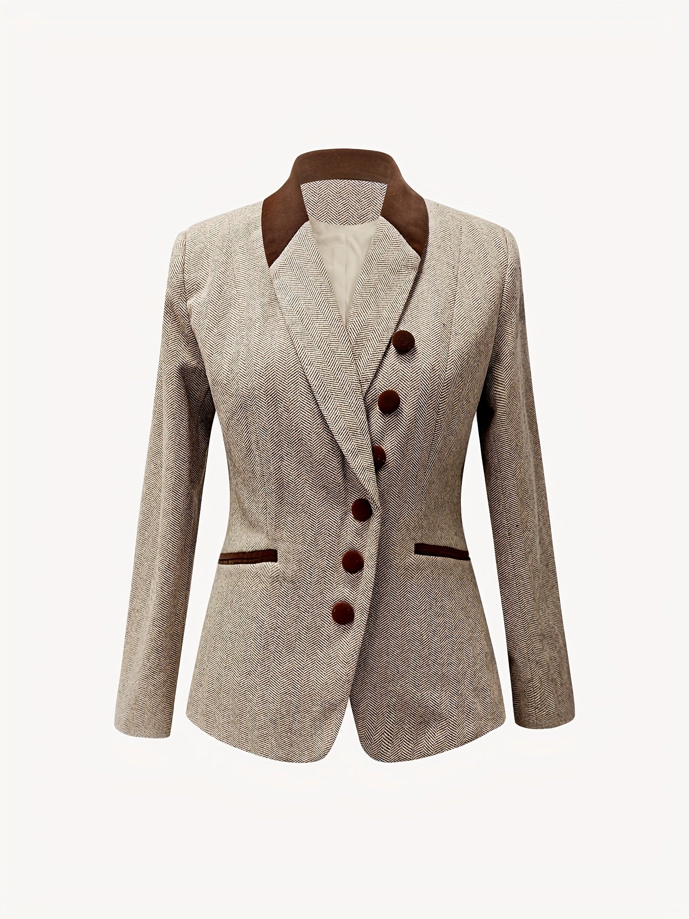 Jaqueta Blazer Elegante com Lapela em Formato H - Clássico de Um Botão, Gola Lapealada e Listras Marrom/Bege, Detalhes Brancos & Butões Dourados - Lavável à Máquina para Inverno, Escritório Formal (Sem Cinto)