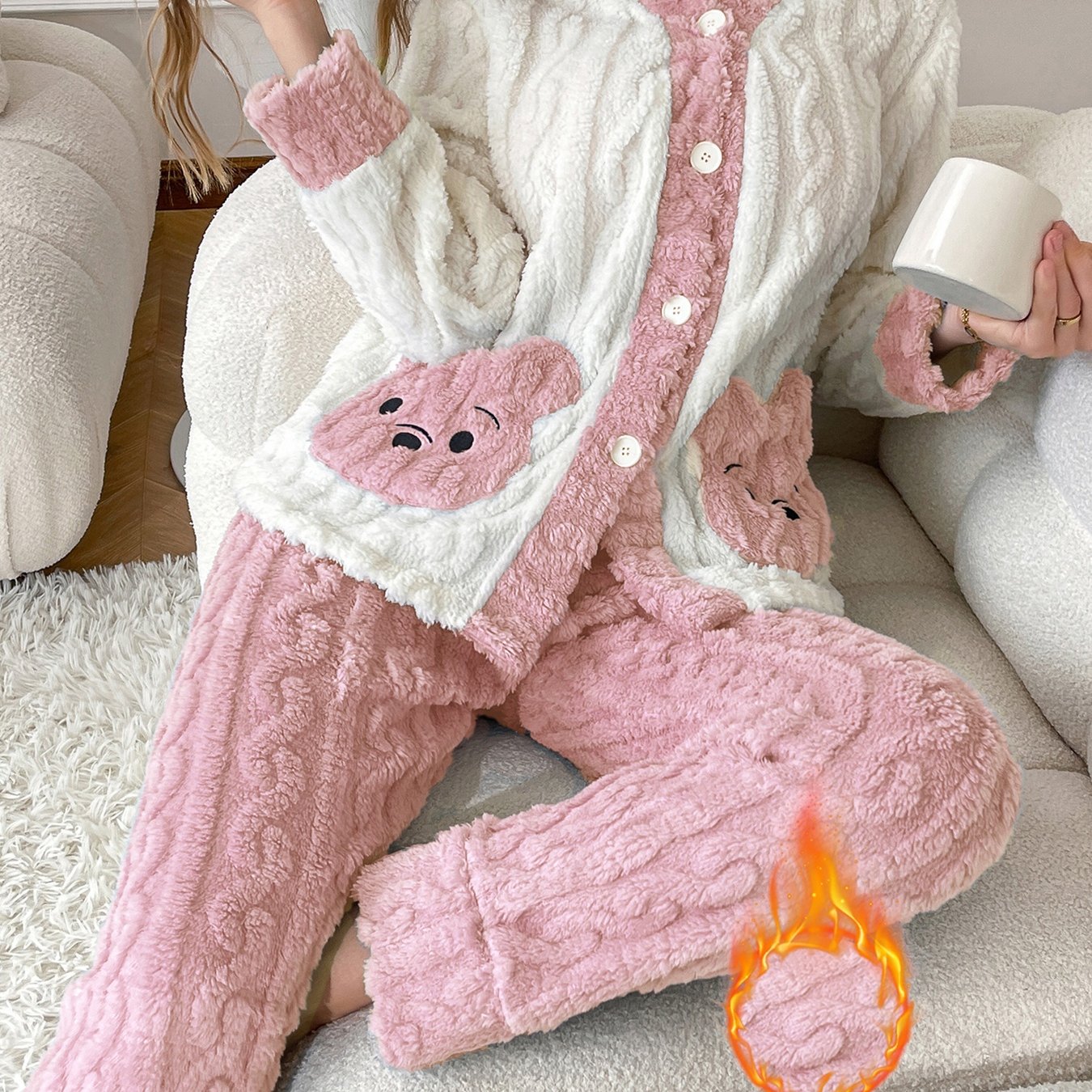 Elegant Kangaroo Pocket Embroidered Pajama Set