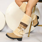 Botas de Inverno Retrô Bohemian Femininas com Detalhes de Bolas de Miçangas e Laço - Botas de Cano Médio com Solado de Borracha Grossa e Forro de Pele Sintética para Passeios Casuais, Encontros, Compras - Preto, Botas de Inverno