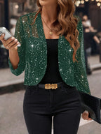 Jaqueta Cardigan Feminina com Lantejoulas e Glitter, Tecido Plissado em Folha Dourada Manga 3/4 Blazer Curto para Casual de Negócios