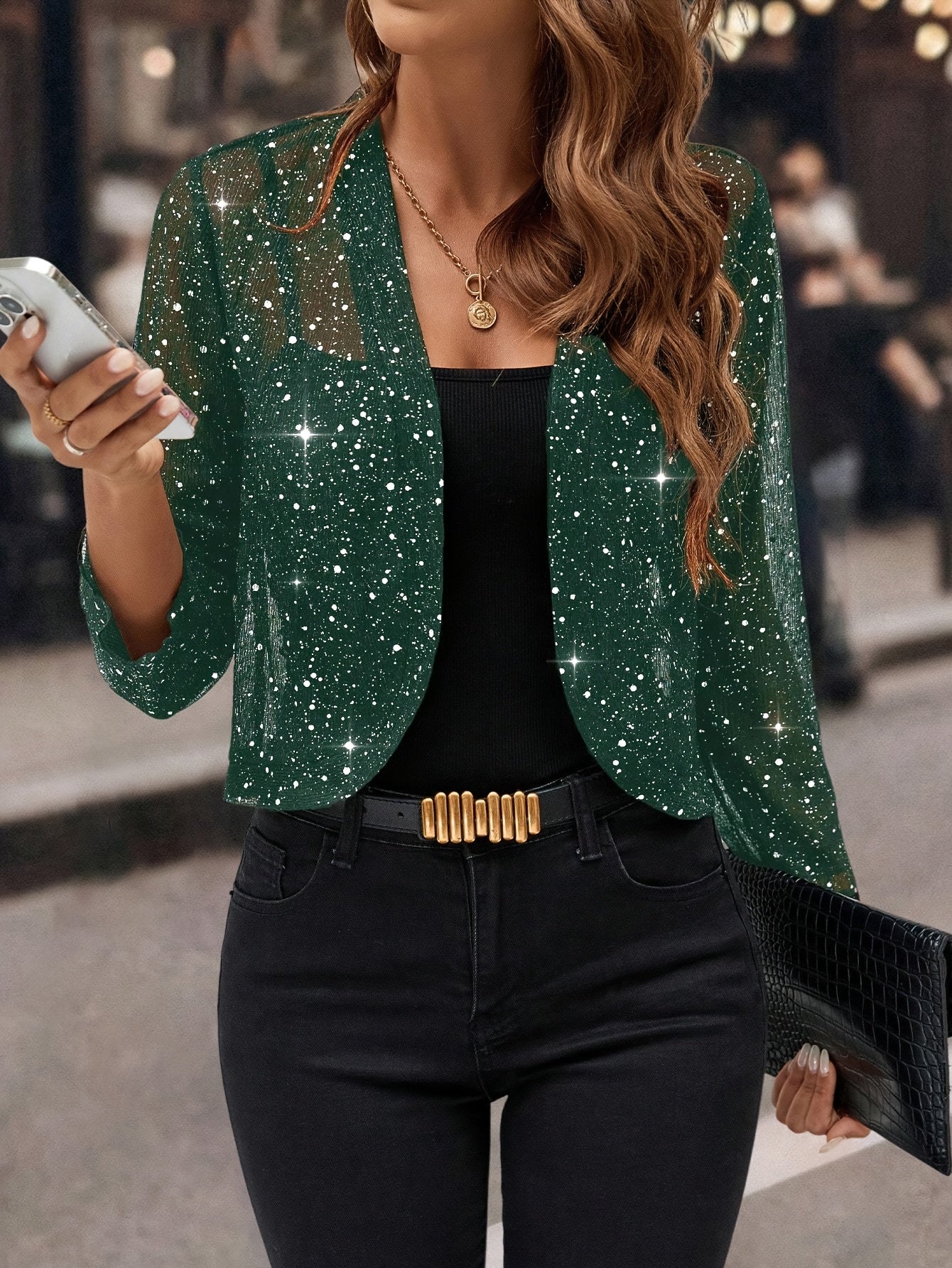 Jaqueta Cardigan Feminina com Lantejoulas e Glitter, Tecido Plissado em Folha Dourada Manga 3/4 Blazer Curto para Casual de Negócios
