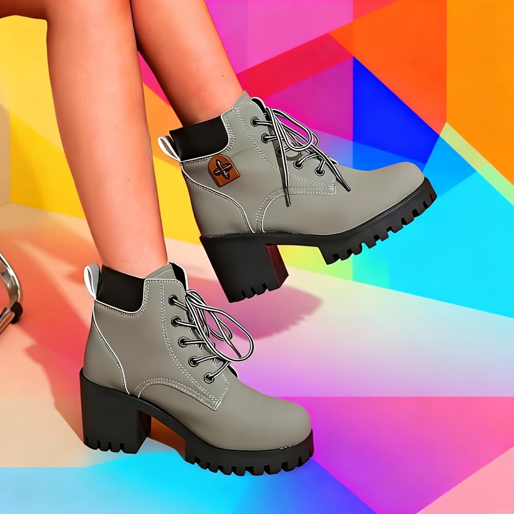 Botas de salto alto bege femininas com design de atacadores, biqueira redonda, salto bloco, botas de inverno elegantes, botas de inverno|Botas de biqueira redonda|Botas de atacadores