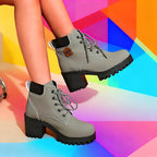 Botas de salto alto bege femininas com design de atacadores, biqueira redonda, salto bloco, botas de inverno elegantes, botas de inverno|Botas de biqueira redonda|Botas de atacadores