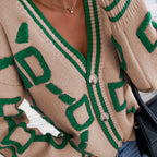 Chic Color Block Knit Cardigan - V-Neck Buttoned Elegance