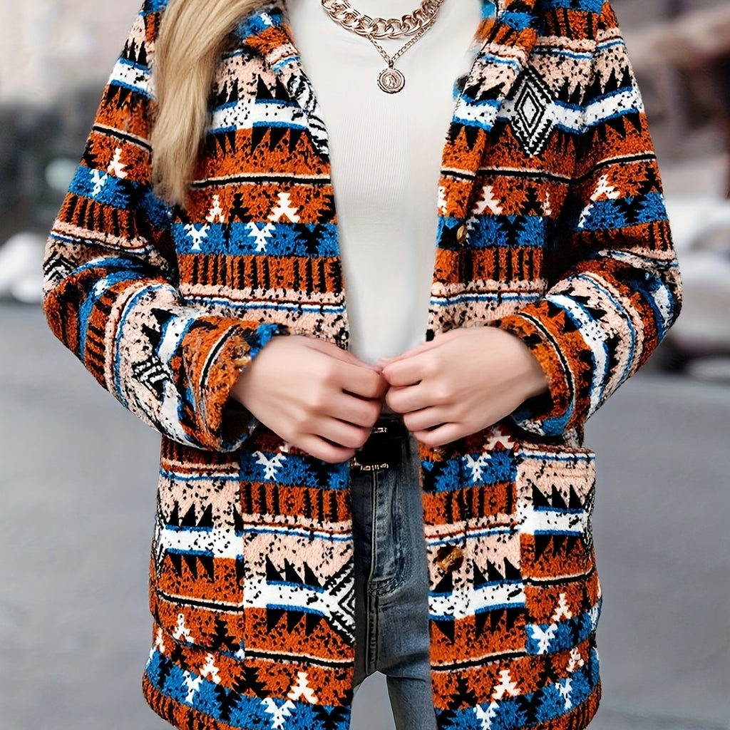 Women's Aztec Geometric Fleece Hooded Jacket