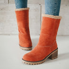 Botas de inverno para mulheres com salto grosso - Botas de cano médio com biqueira redonda e forro de lã, forro de tecido quente e sola de borracha para deslocações ao ar livre, uso casual - Tamanho grande disponível, Botas de inverno, Calçado para clima frio, Forro de interior felpudo, Calçado de tração durável, Calçado para uso diário, Forro aconchegante, Usuários de clima quente