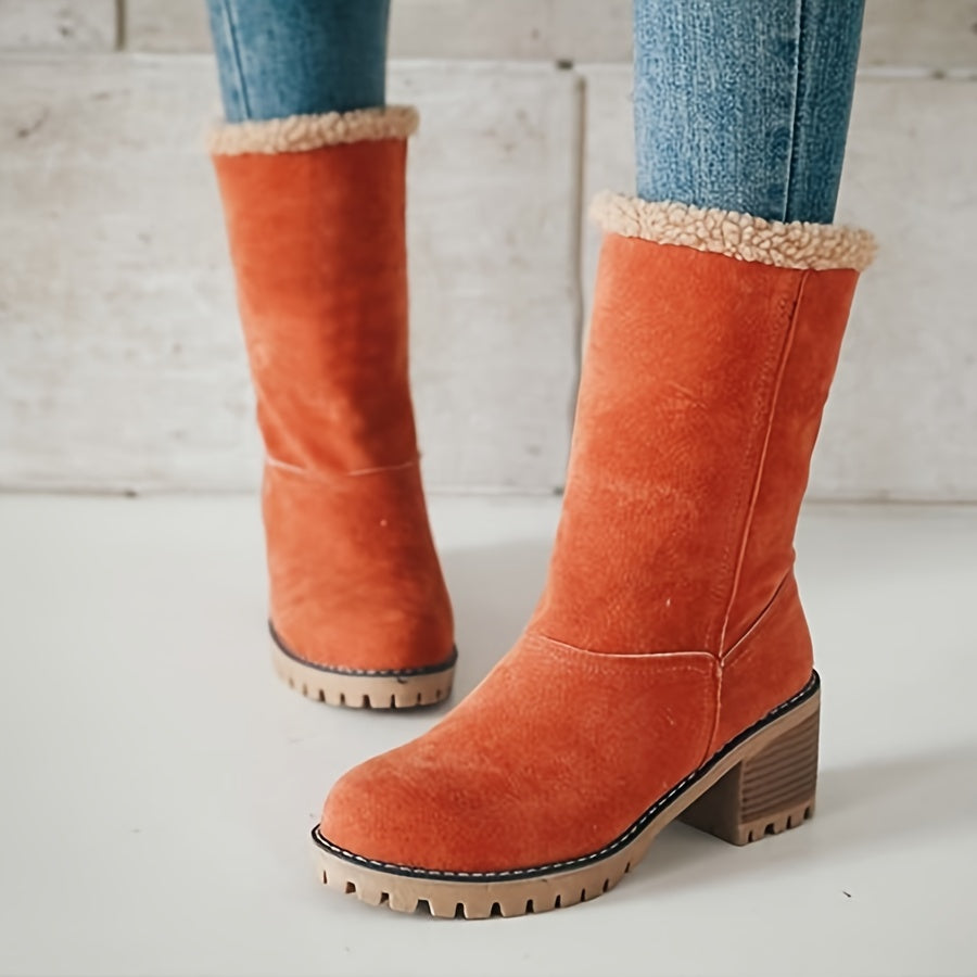 Botas de inverno para mulheres com salto grosso - Botas de cano médio com biqueira redonda e forro de lã, forro de tecido quente e sola de borracha para deslocações ao ar livre, uso casual - Tamanho grande disponível, Botas de inverno, Calçado para clima frio, Forro de interior felpudo, Calçado de tração durável, Calçado para uso diário, Forro aconchegante, Usuários de clima quente