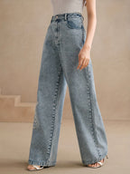 Calças de Ganga Esticadas Femininas com Bordado Floral - Conforto para Todas as Estações, Lavável à Máquina, Design Elegante e Casual ou Formal, Cor Sólida Clássica, Comprimento Longo, Calça Wideleg Versátil, Tecido Durável, Peça Essencial no Guarda-Roupa, Moda para Mulheres