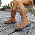 Botas de Cavaleira Femininas de Inverno Acima do Joelho (OTK) - Sola de Borracha Grossa e Salto Grosso, Botas de Montaria Marrom com Cadarço e Bico Redondo, Botas de Vestir para Equitação, Eventos Temáticos e Trajes Casuais (Lavagem à Mão)