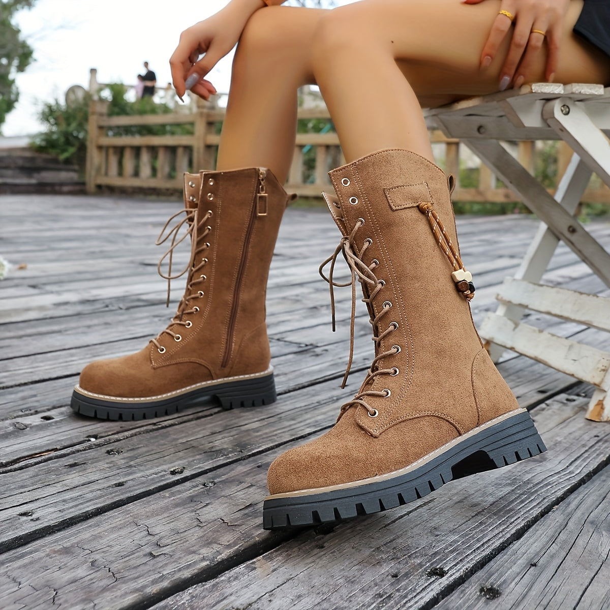 Botas de Cavaleira Femininas de Inverno Acima do Joelho (OTK) - Sola de Borracha Grossa e Salto Grosso, Botas de Montaria Marrom com Cadarço e Bico Redondo, Botas de Vestir para Equitação, Eventos Temáticos e Trajes Casuais (Lavagem à Mão)