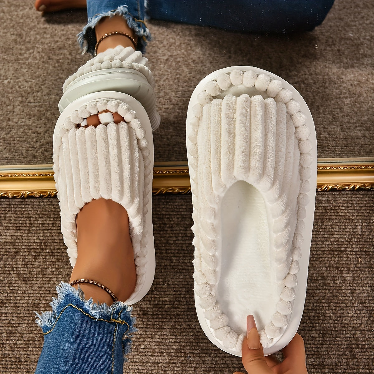 Chinelos Femininos Aconchegantes com Sola Grossa de EVA, Chinelos Casuais Listrados Antiderrapantes com Parte Superior de Tecido e Material Interno, Relaxamento em Casa | Chinelos Fashion | Chinelos com Sola de EVA, Chinelos de Casa