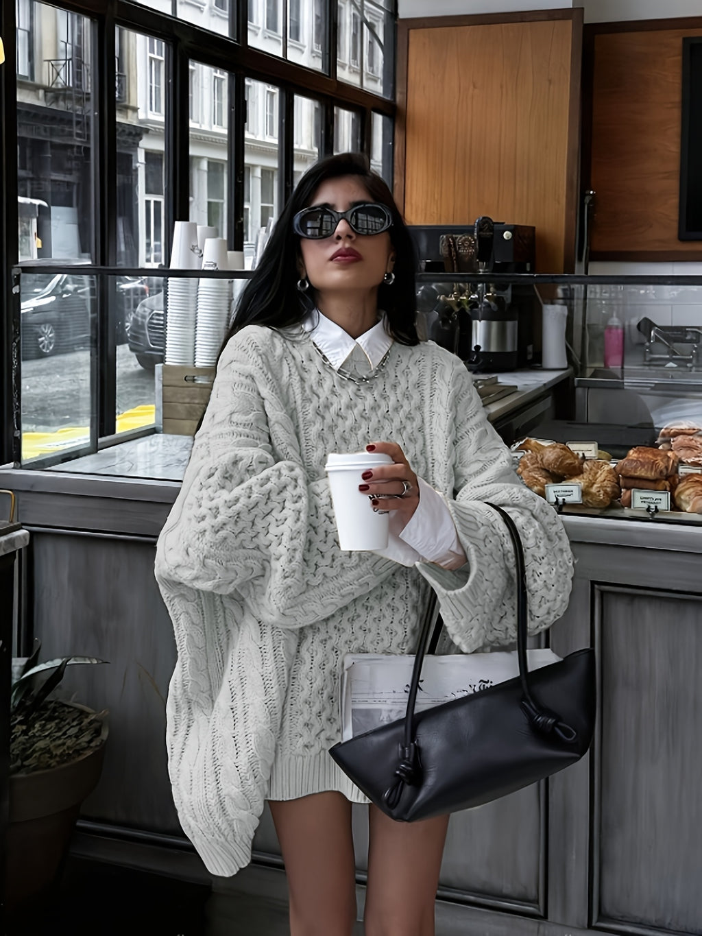 Camisola de Cabo Oversize Feminina - Cardigan Aconchegante de Outono/Inverno com Detalhe de Torção, Bege, Manga Comprida, Gola Redonda, Estilo Casual, Perfeito para Roupa Casual, Camisola Aconchegante