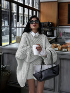 Camisola de Cabo Oversize Feminina - Cardigan Aconchegante de Outono/Inverno com Detalhe de Torção, Bege, Manga Comprida, Gola Redonda, Estilo Casual, Perfeito para Roupa Casual, Camisola Aconchegante