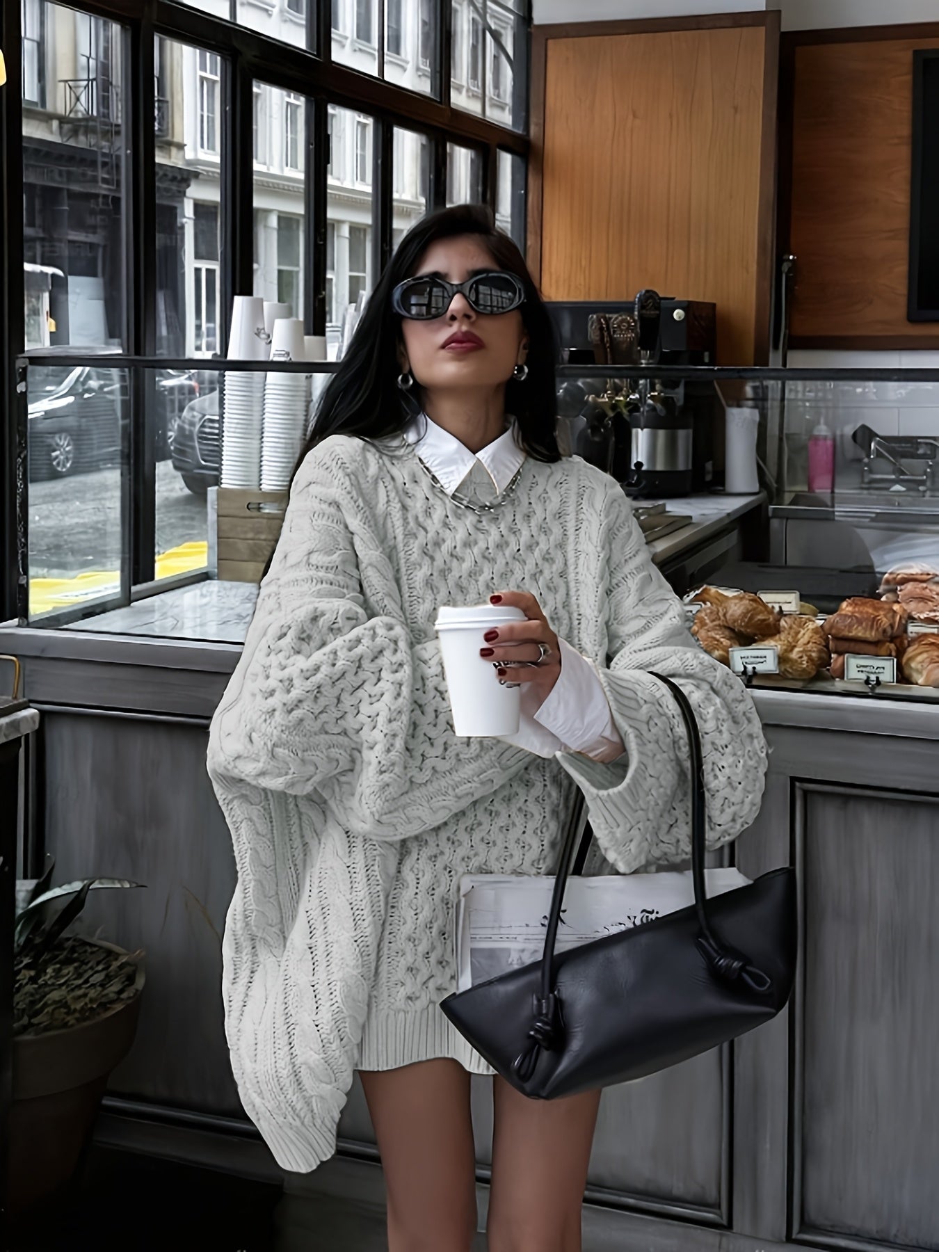 Camisola de Cabo Oversize Feminina - Cardigan Aconchegante de Outono/Inverno com Detalhe de Torção, Bege, Manga Comprida, Gola Redonda, Estilo Casual, Perfeito para Roupa Casual, Camisola Aconchegante