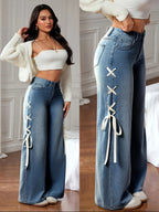 Calças Jeans AW25 de Cintura Alta e Perna Larga para Mulheres, Calças Casuais Roupas Desgastadas e Folgadas