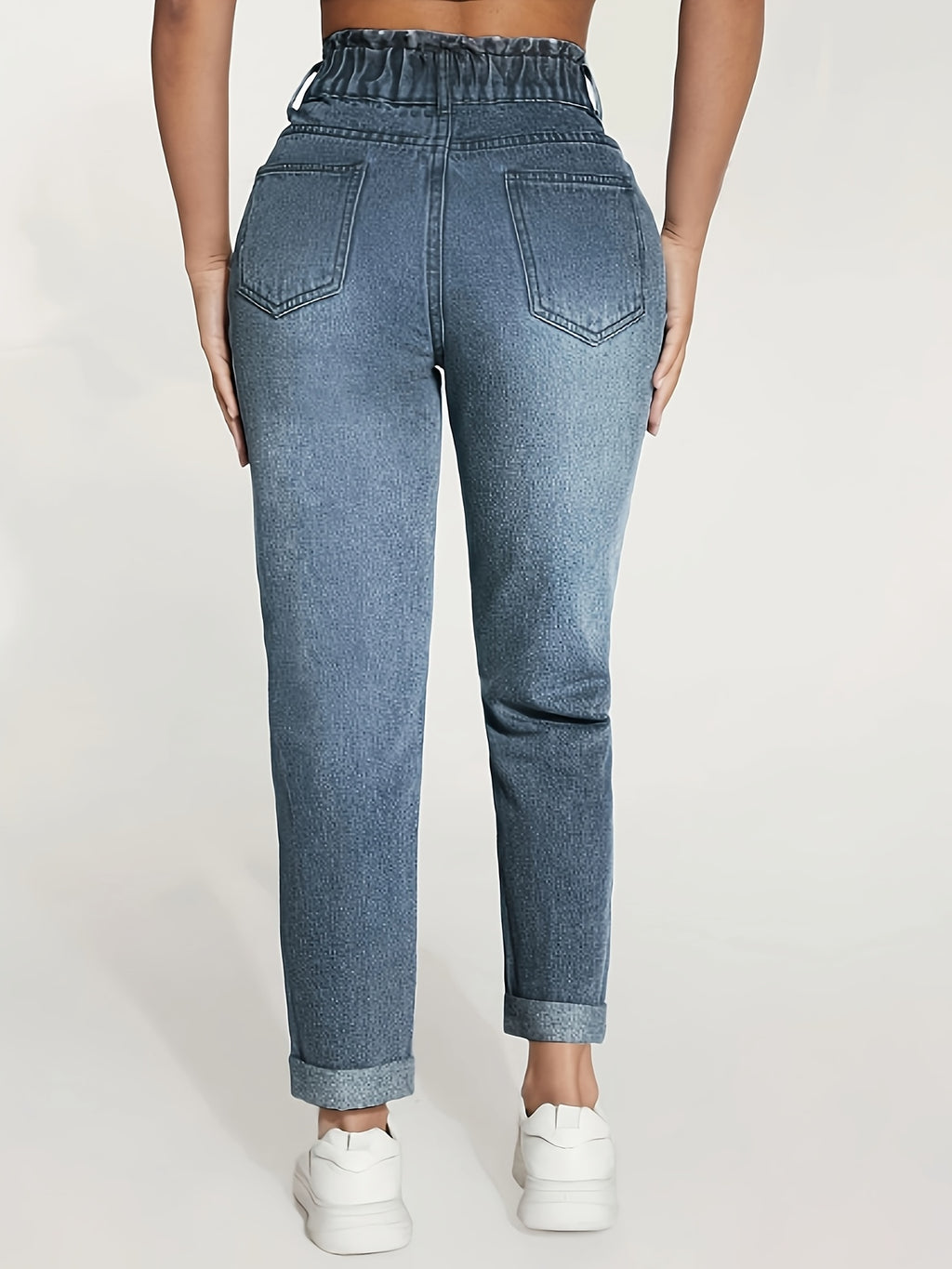 Calças Femininas de Corte Reto com Cintura Elástica e Barra Enrolada - Jeans Casual Lavado para Uso em Todas as Estações, Lavável na Máquina, Calças de Cor Sólida