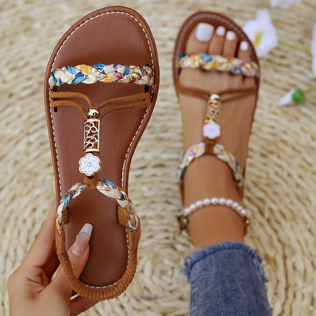 Sandálias de Mulher com Tranças, Tira Elástica Deslizante, Leves e Confortáveis para a Praia, Calçado de Férias Antiderrapante