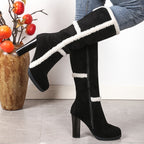 Botas de Neve de Inverno para Mulheres com Gola Falsa & Pelúcia - Salto Grosso Bloco, Sola Grossa de TPR, Fechamento com Zíper e Bico Redondo - Botas de Salto Alto Pretas e Brancas com Bico Redondo para Gelo e Neve (Somente Limpeza a Seco)