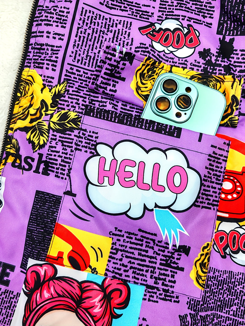 Jaqueta Casual com Capuz para Mulheres Adultas, Estampa Pop Graffiti e Forro, Outono/Inverno