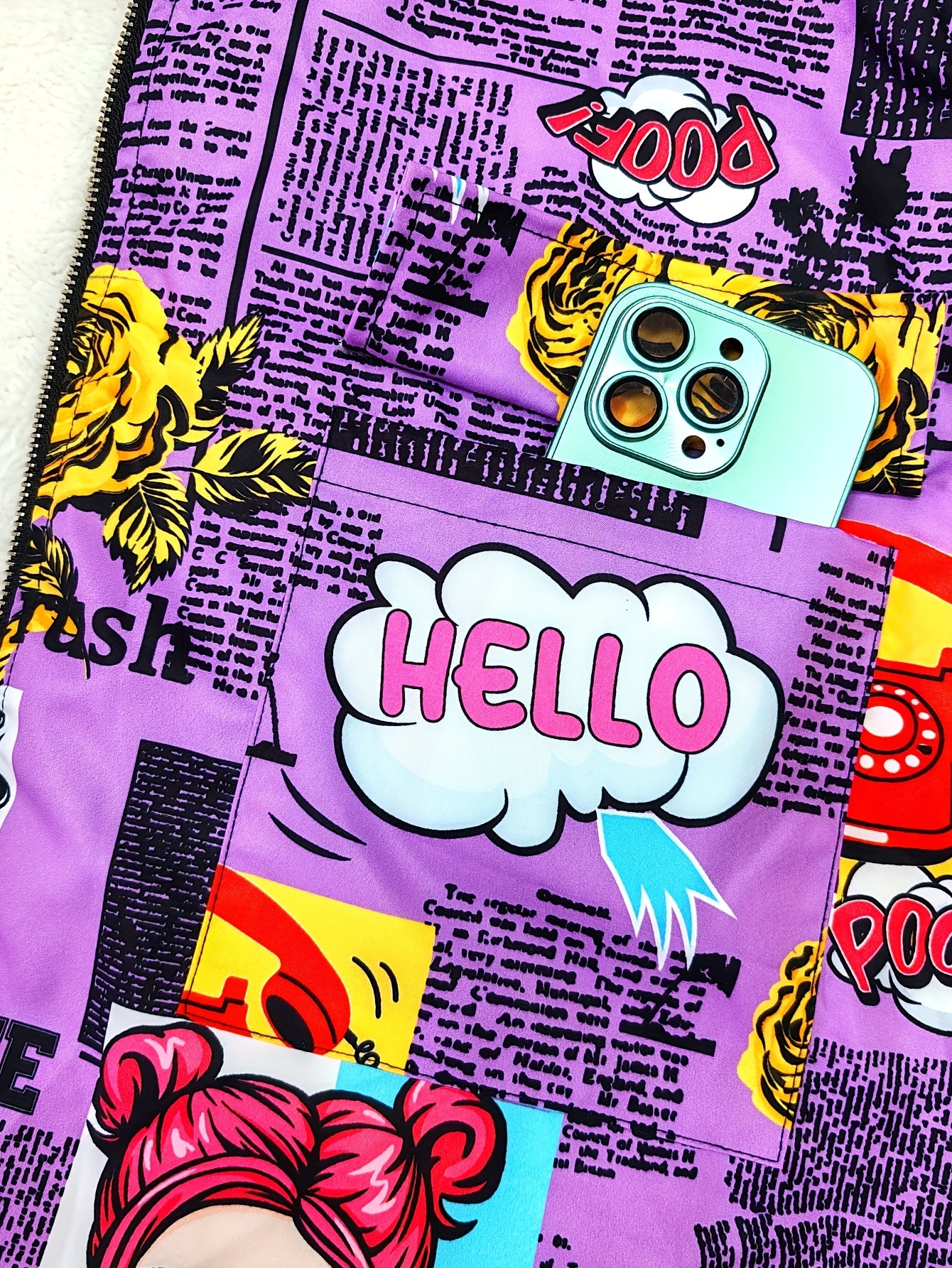 Jaqueta Casual com Capuz para Mulheres Adultas, Estampa Pop Graffiti e Forro, Outono/Inverno