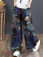 Calças largas elegantes retro para mulheres com estampado floral vibrante - Cintura elástica, bolsos, design de cintura alta para uso casual de primavera/outono, calças de cintura alta, moda sazonal, ajuste confortável