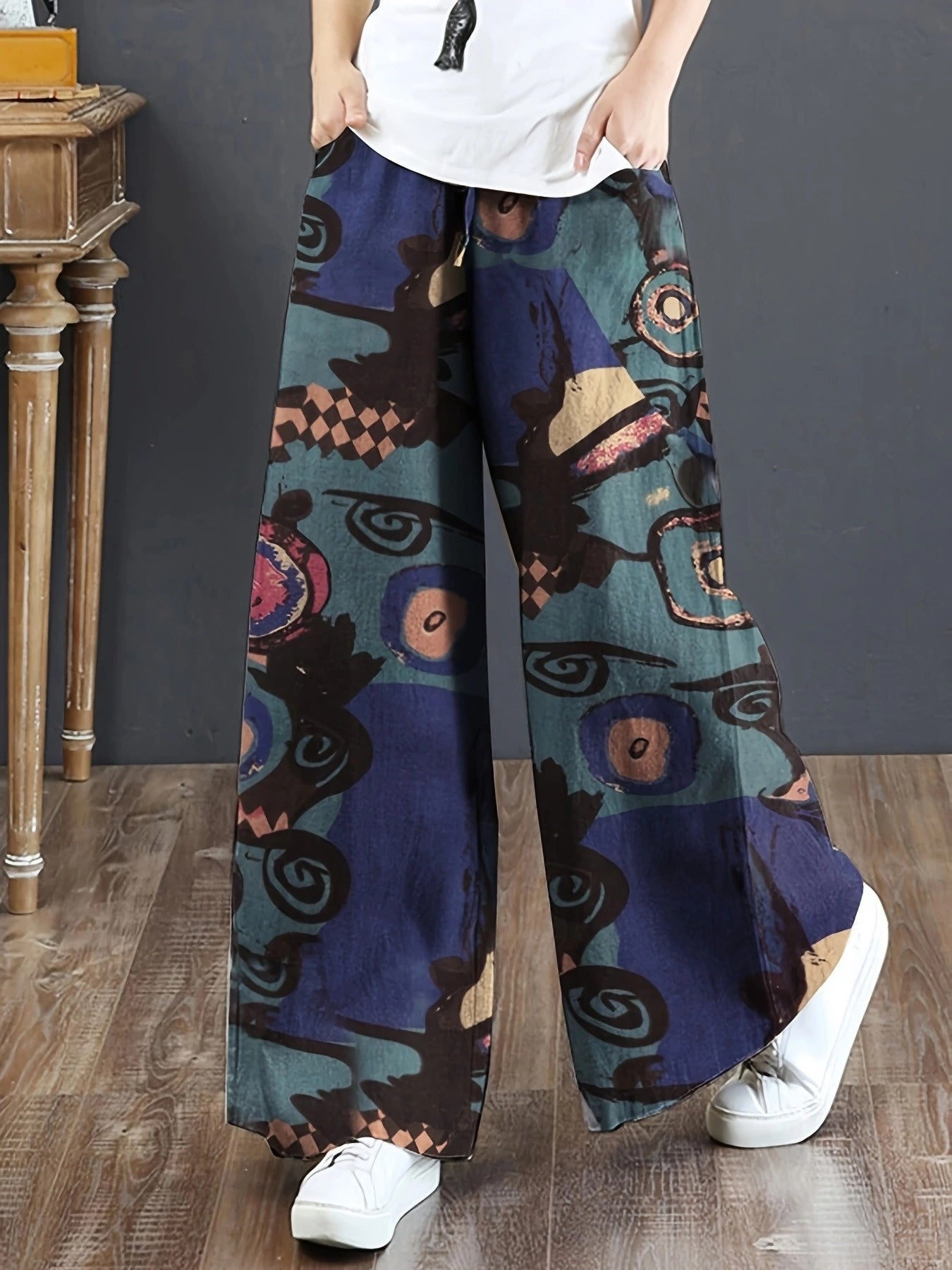 Calças largas elegantes retro para mulheres com estampado floral vibrante - Cintura elástica, bolsos, design de cintura alta para uso casual de primavera/outono, calças de cintura alta, moda sazonal, ajuste confortável