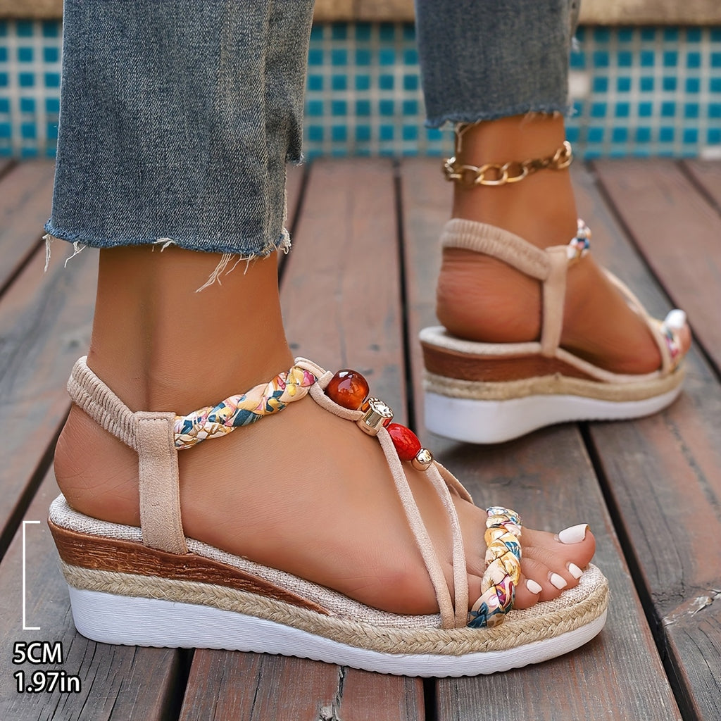Sandálias de Cunha em Juta Bohemias com Tiras Ajustáveis e Contas para Mulheres - Sapatos de Praia Abertos de Verão, Design Colorido & Sola de TPU para Passeios Casuais, Sandálias com Alças, Calçados Artesanais, Essenciais para Férias