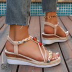 Sandálias de Cunha em Juta Bohemias com Tiras Ajustáveis e Contas para Mulheres - Sapatos de Praia Abertos de Verão, Design Colorido & Sola de TPU para Passeios Casuais, Sandálias com Alças, Calçados Artesanais, Essenciais para Férias